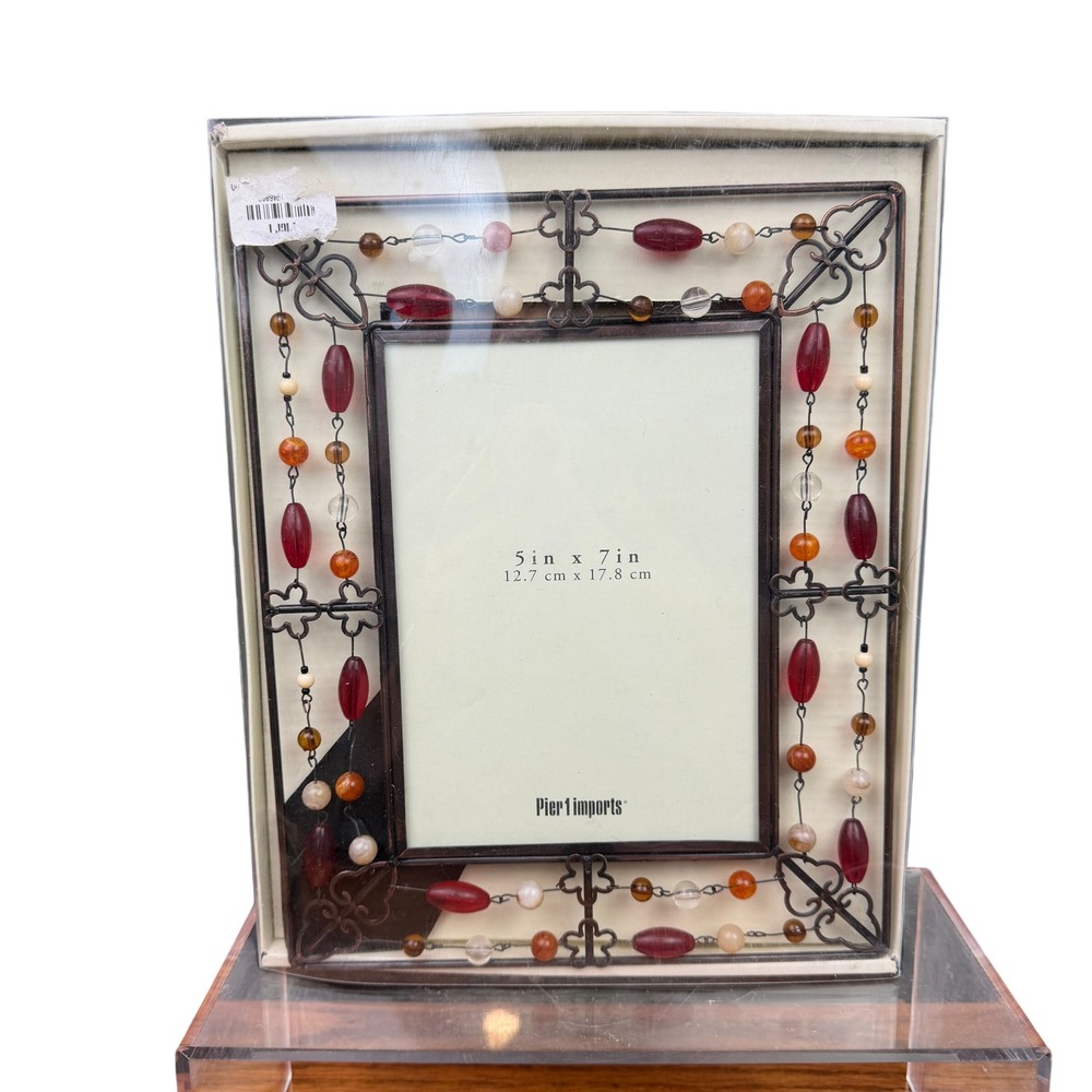 Pier 1 Beaded Frame 5x7 Bronze Metal Multi Color Glass Bead Boho Decor Gift